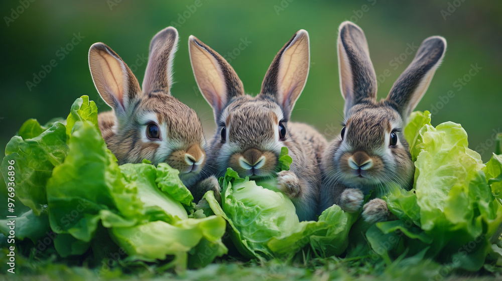 Obraz premium A group of rabbits nibbling on fresh lettuce.
