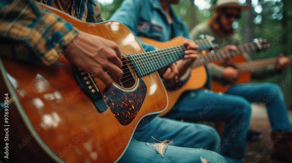 Fototapeta premium a group of friends strum guitars and sing together, the rain harmonizing with their melodies, their bond and warmth palpable in the serene setting.