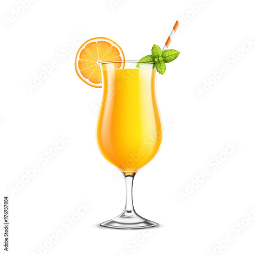 A glass or goblet with orange or lemon and mint, citrus juice. Isolated on white background, vector illustration.