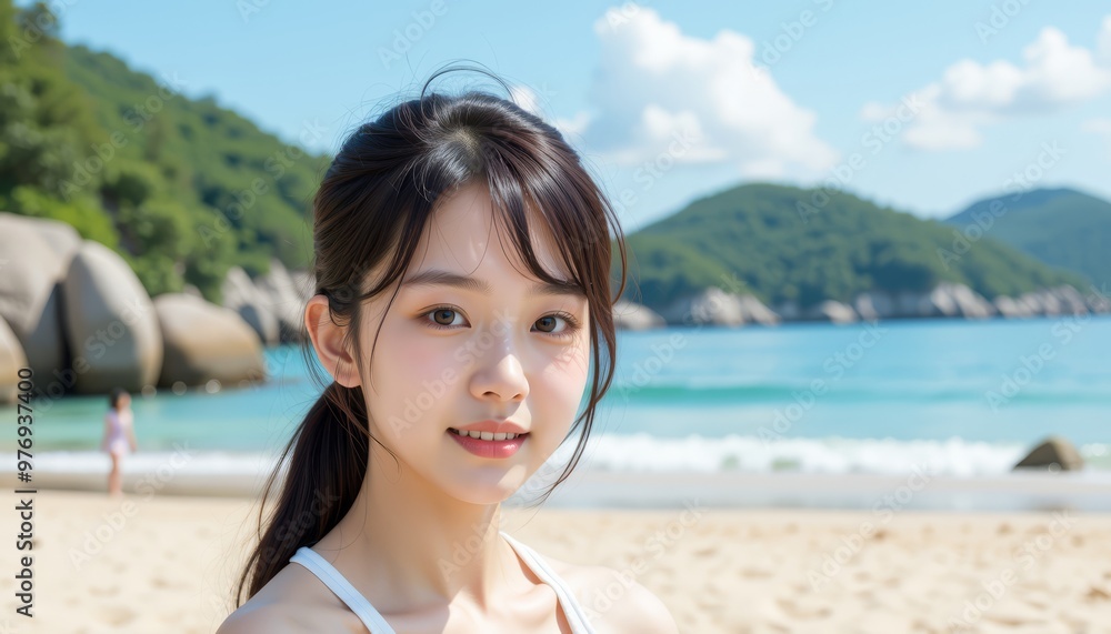 A serene beach scene featuring a young woman enjoying the sun and sea, with mountains in the background and a peaceful atmosphere. A serene beach scene featuring a young woman enjoying the sun and sea, with mountains in the background and a peaceful atmosphere.