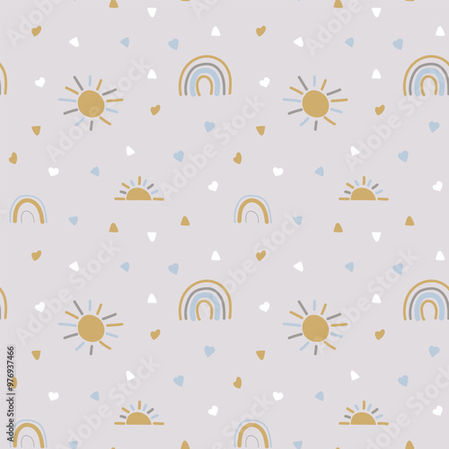 Vector seamless pattern. Cute rainbow, sun and hearts on pastel color background. Baby pattern. EPS10 vector illustration. Design for textiles, texture, fabrics, wallpaper and packaging paper