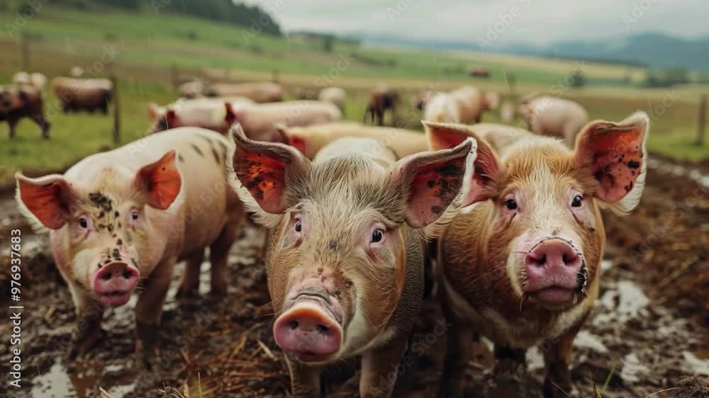 A farm where pigs have access to automated mud baths, monitored by smart sensors. A farm where pigs have access to automated mud baths, monitored by smart sensors.