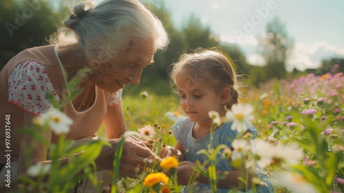 A joyful scene of a granddaughter and her elderly grandma picking wildflowers by a countryside path.