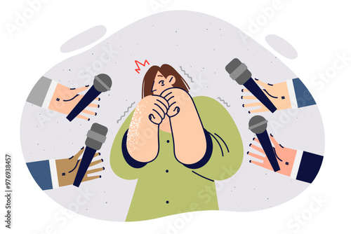 Woman experiences glossophobia and fear of public speaking, stands among hands with microphones