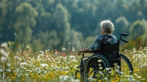 A senior lady in a wheelchair, savoring a peaceful afternoon surrounded by tall grasses and wildflowers.