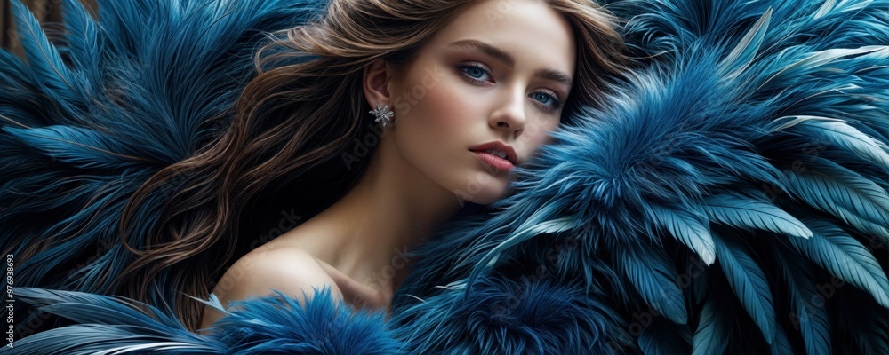 A woman is wearing a stunning blue feathered coat that has birds on it A woman is wearing a stunning blue feathered coat that has birds on it