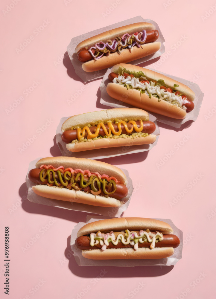 Delicious hot dogs with sausage and various toppings Delicious hot dogs with sausage and various toppings