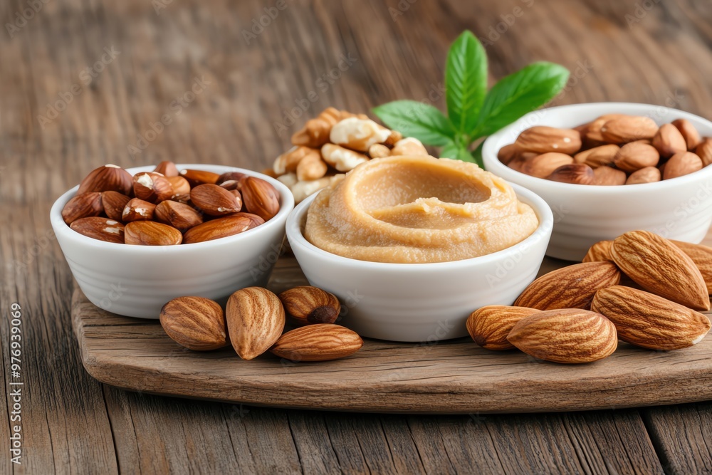 A delicious assortment of nuts and creamy nut butter served in bowls on a rustic wooden table, perfect for healthy snacking. A delicious assortment of nuts and creamy nut butter served in bowls on a rustic wooden table, perfect for healthy snacking.