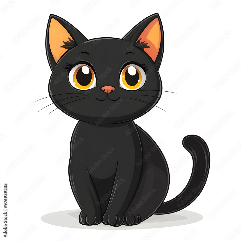 Cute Cartoon Black Cat with Halloween Theme on White Background Cute Cartoon Black Cat with Halloween Theme on White Background