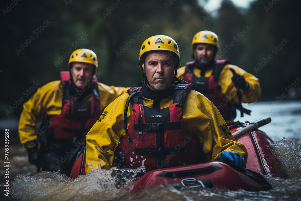 Volunteer rescuer helping people in flood after climate change generative AI concept Volunteer rescuer helping people in flood after climate change generative AI concept