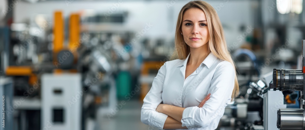 Businesswoman with crossed arms, standing in front of machinery, quality control and assurance concept, white background Businesswoman with crossed arms, standing in front of machinery, quality control and assurance concept, white background