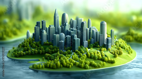 A miniature cityscape on a lush green island, symbolizing sustainable urban living. photo