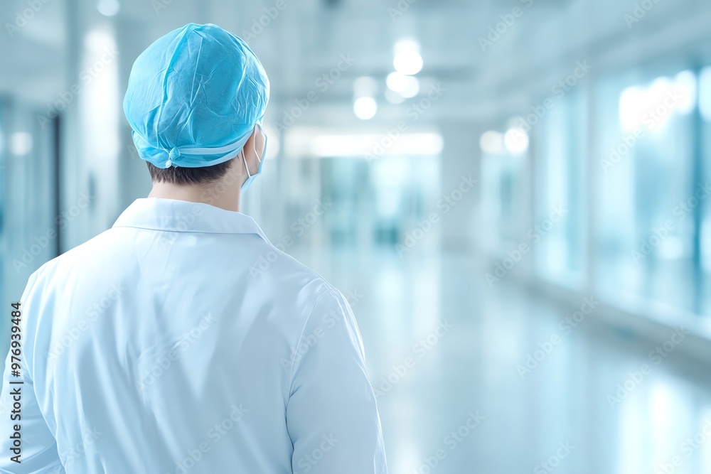 A healthcare professional in a surgical cap stands in a bright, modern hospital corridor, ready for patient care. A healthcare professional in a surgical cap stands in a bright, modern hospital corridor, ready for patient care.