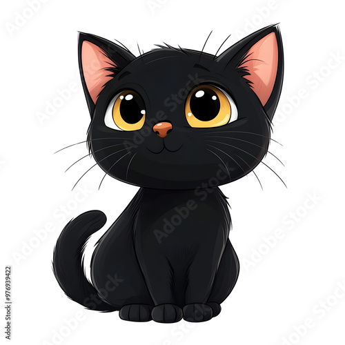 Adorable Cartoon Black Cat with Spooky Halloween Theme on White Background