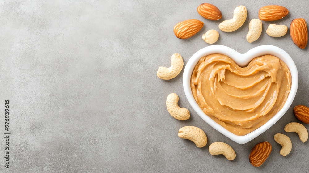 A heart-shaped bowl filled with creamy peanut butter surrounded by assorted nuts including almonds and cashews on a grey background. A heart-shaped bowl filled with creamy peanut butter surrounded by assorted nuts including almonds and cashews on a grey background.