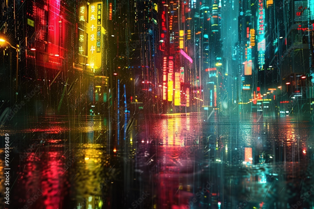 Fototapeta premium A city street with neon signs and rain