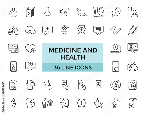 Medicine and Health editable stroke line Icons set. Hospital, patient, medicine, pharmacy, prescription and medical report. Editable vector icons.