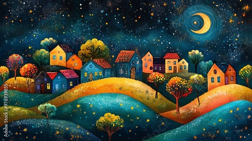 Night sky with crescent moon over a village on rolling hills.