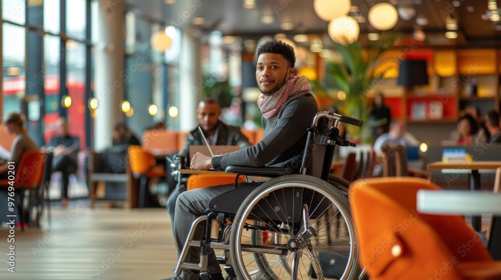 A young professional in a wheelchair collaborating with coworkers on a new project in a modern co-working space. , magazine photography, Canon EOS R5, color A young professional in a wheelchair collaborating with coworkers on a new project in a modern co-working space. , magazine photography, Canon EOS R5, color