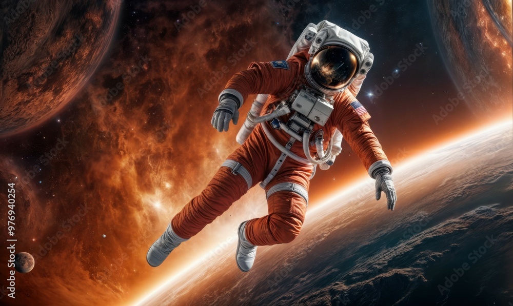 Fototapeta premium An astronaut is currently soaring through the vastness of space over a planet