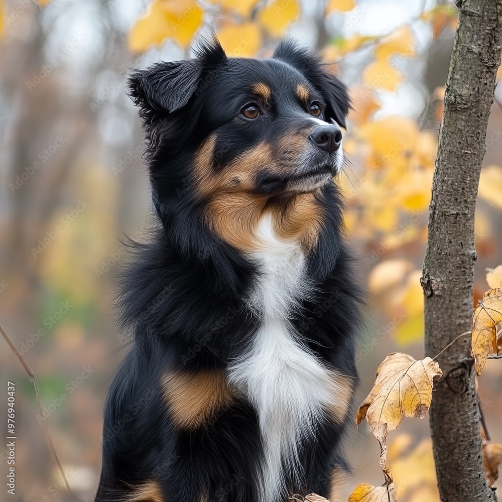 A charming black and brown dog standing in the autumn forest with colorful leaves in the background. A charming black and brown dog standing in the autumn forest with colorful leaves in the background.