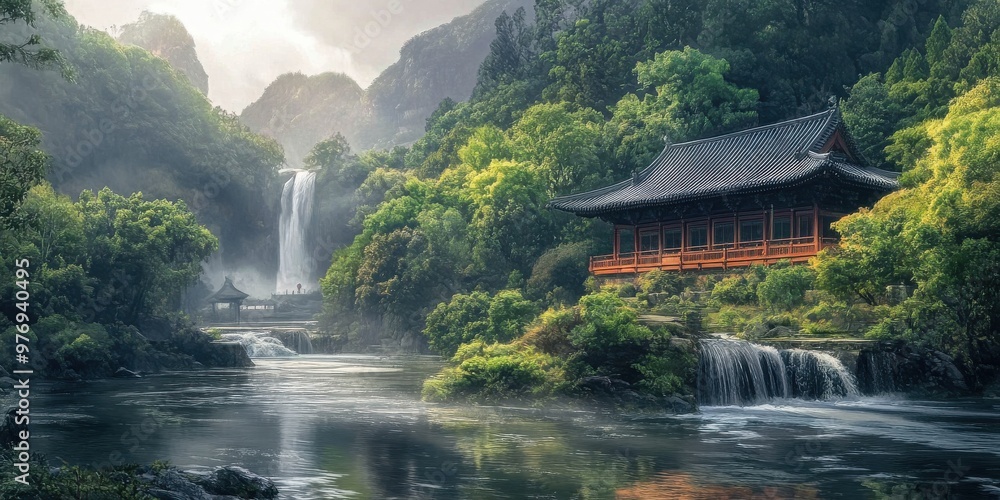 Fototapeta premium peaceful temple by a flowing river