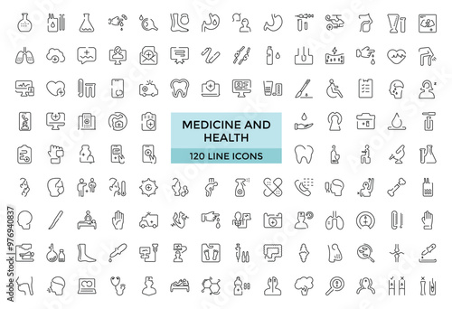 Medicine and Health editable stroke line Icons set. Hospital, patient, medicine, pharmacy, prescription and medical report. Editable vector icons.