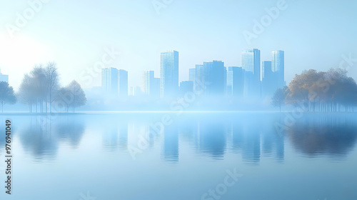 A misty cityscape with a re...