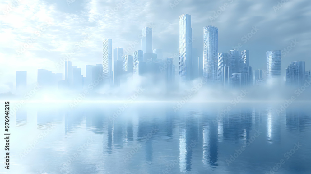A misty cityscape with skyscrapers reflecting in the water. A misty cityscape with skyscrapers reflecting in the water.