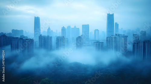 A misty cityscape with tall...