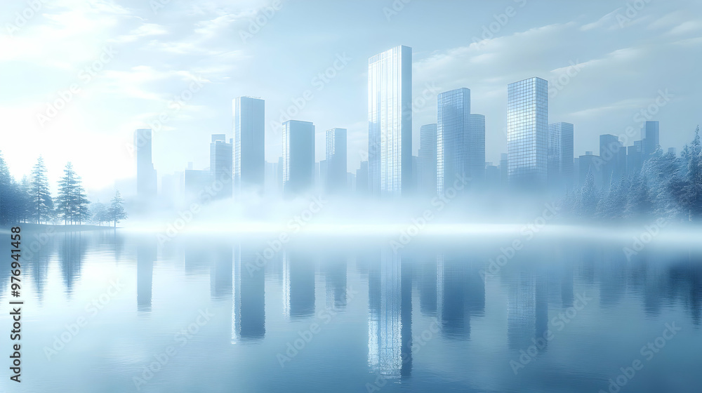 A misty cityscape with tall buildings reflected in a calm lake, surrounded by snow-covered trees. A misty cityscape with tall buildings reflected in a calm lake, surrounded by snow-covered trees.