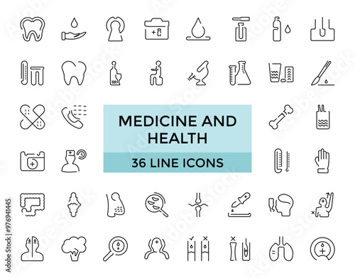 Medicine and Health editable stroke line Icons set. Hospital, patient, medicine, pharmacy, prescription and medical report. Editable vector icons.