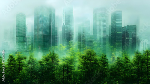 A misty cityscape with tall...