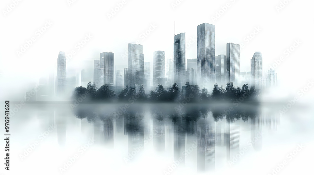 Fototapeta premium A misty cityscape with tall buildings reflected in the water.