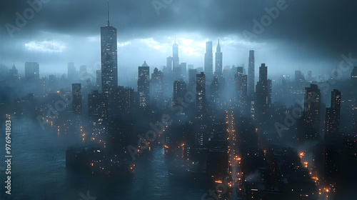 A misty cityscape with tall...