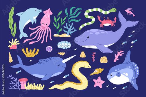 Sea animals, cute funny marine set. Underwater fishes, algae, corals. Ocean fauna. Happy dolphin, octopus, whale, narwhal, eel and seashell. Kawaii water characters. Isolated flat vector illustrations
