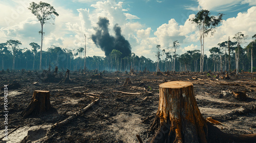 A graphic showing the impact of deforestation on climate change with cleared land and stumps. photo