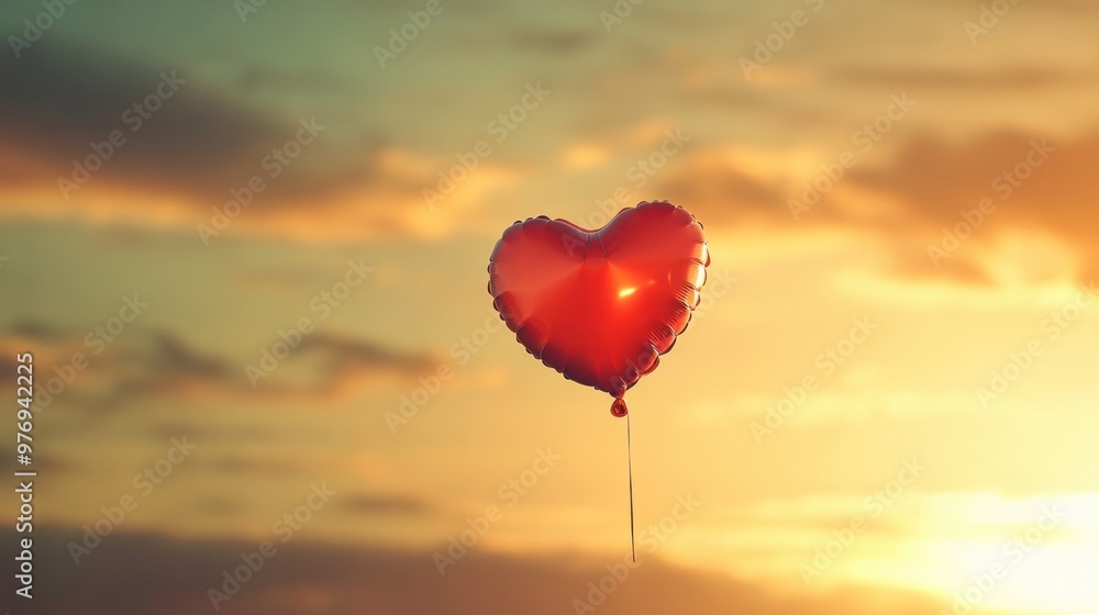Fototapeta premium A red heart balloon floating in a clear sky with a golden sunset in the background. -