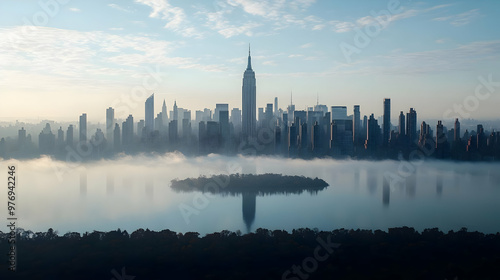 A misty morning cityscape w...