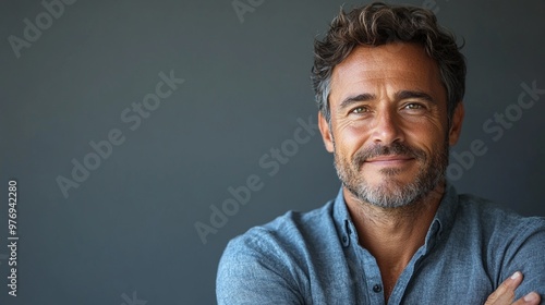 Confident and Calm: A mature man with a warm smile exudes confidence and serenity, his gaze inviting viewers to connect with his positive energy. 