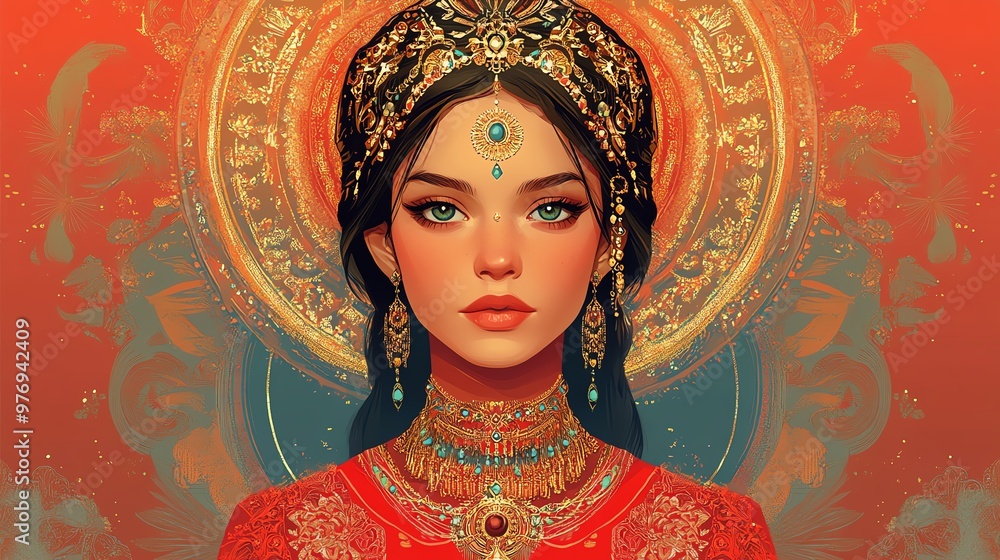 Fototapeta premium Digital painting of a beautiful woman with a golden crown and jewelry.