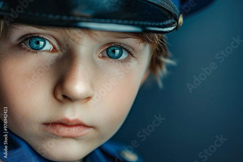 Generated with AI picture of adorable child wear costume like an policeman