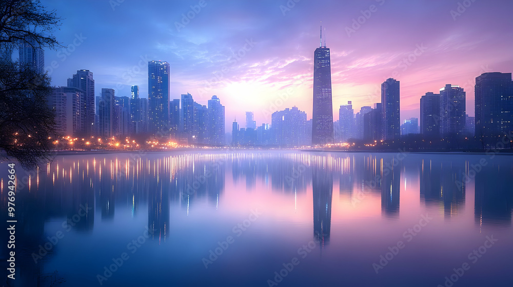 Obraz premium A misty sunrise over a city skyline with tall buildings reflected in the water.
