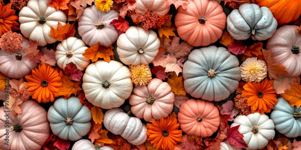 Fototapeta premium A vibrant display of pumpkins surrounded by colorful autumn leaves and flowers. This image captures the essence of fall. Ideal for seasonal decor and marketing. AI
