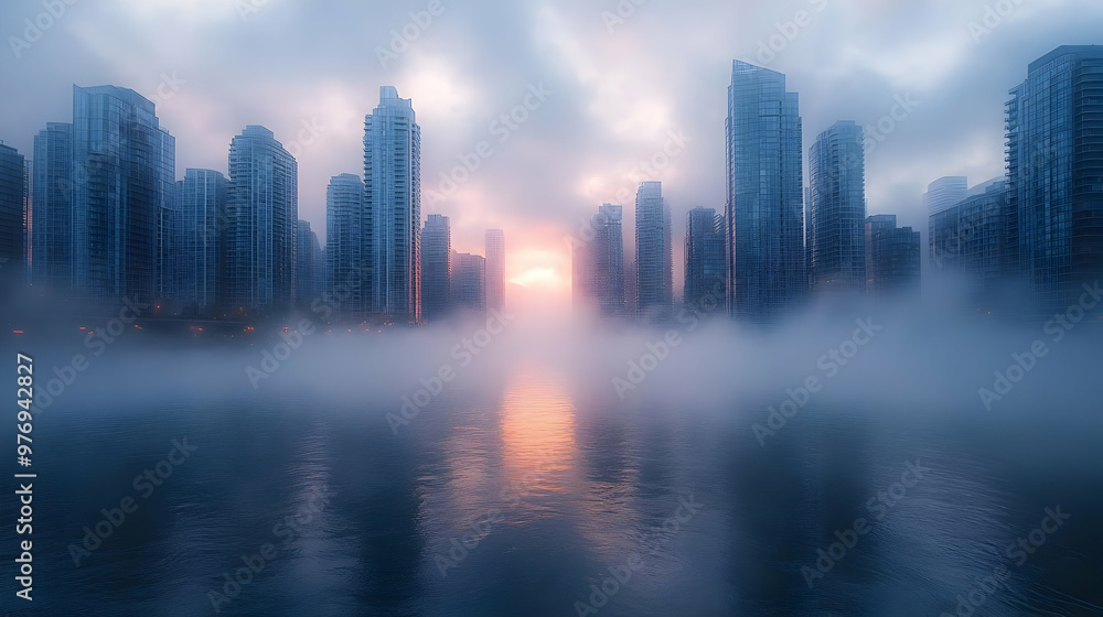 A misty sunrise over a city skyline, with tall buildings emerging from the fog. A misty sunrise over a city skyline, with tall buildings emerging from the fog.