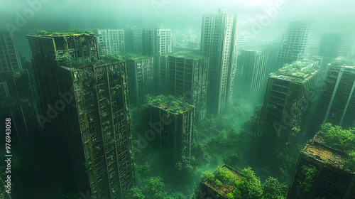 A misty, overgrown cityscap...