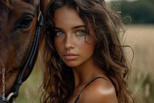 Generative AI photo realistic image, equitation lesson people connected with horses friends love