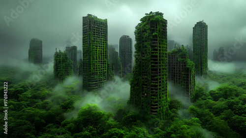 A misty, overgrown cityscap...
