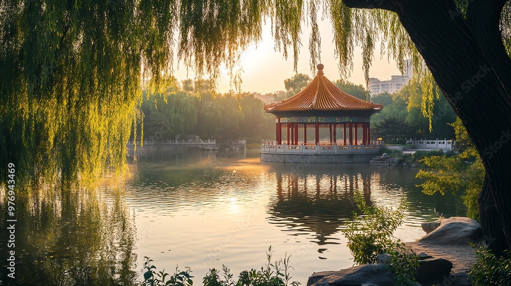 A traditional Chinese pagoda standing on an island in a lake. A traditional Chinese pagoda standing on an island in a lake.