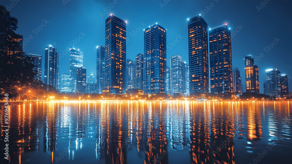 Obraz premium A modern city skyline at night with tall buildings reflected in a calm lake.